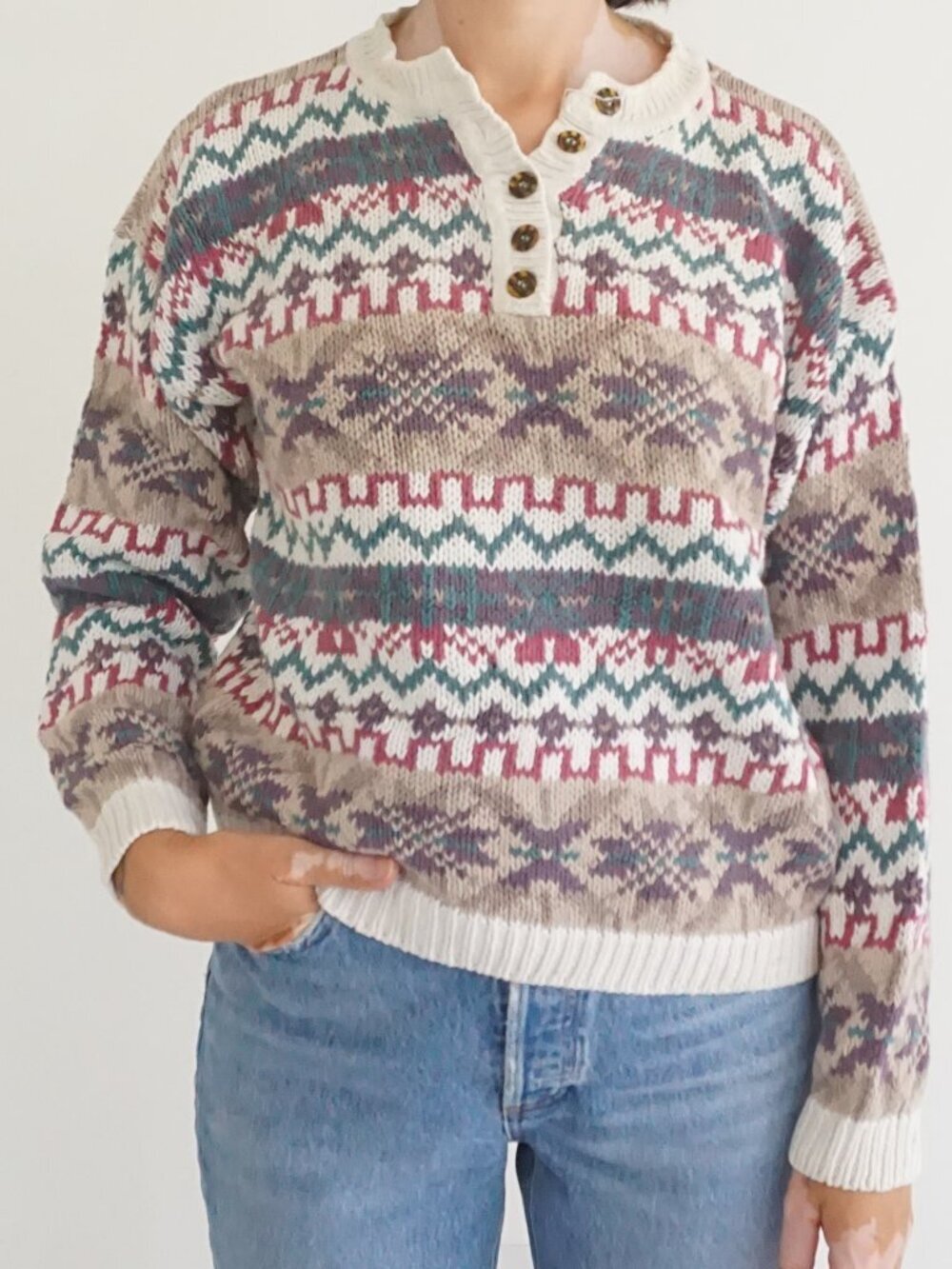 Vintage B Moss Cream Pink Teal Fair Isle Nordic Button Chunky Knit Sweater L